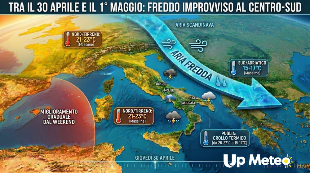 Settimana instabile: piogge e temporali al Nord, clima più freddo al Sud fino al 1° maggio