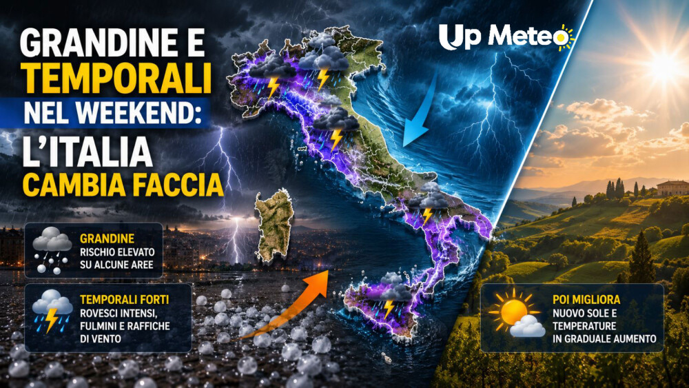 Dopo un sabato ancora caldo e in gran parte soleggiato, tra domenica e lunedì una perturbazione porterà rovesci a carattere temporalesco, grandine e improvvise raffiche di vento su gran parte della Penisola, con il rischio di supercelle.