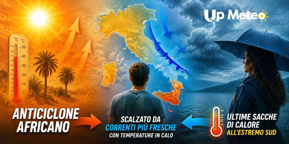 Anticiclone Africano scalzato da correnti più fresche con temperature in calo e ultime sacche di calore all'estremo Sud