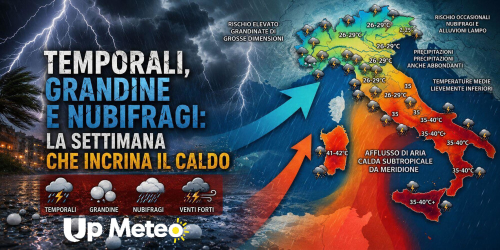 Aria atlantica meno calda in arrivo sull'Italia: instabilità in aumento, rischio grandinate e nubifragi soprattutto al Nord, mentre al Sud una nuova fiammata africana farà salire ancora le temperature.