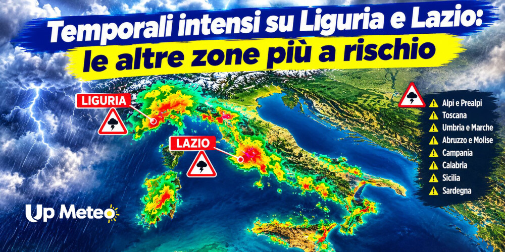Un sistema perturbato in arrivo da ovest porta rovesci e temporali localmente intensi su Liguria, Piemonte, Lazio e Campania, mentre le temperature massime calano al Nord Ovest e i mari si fanno mossi.