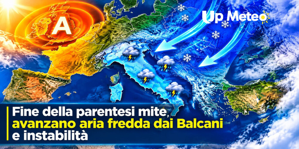 Un robusto anticiclone sulle Isole Britanniche favorisce la discesa di aria fredda dai Balcani verso l'Italia, con temperature in diminuzione e temporali irregolari