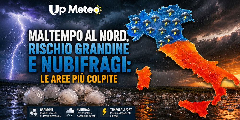 Energia atmosferica enorme, celle temporalesche capaci di raggiungere quote molto elevate e chicchi di grandine potenzialmente molto grossi, mentre al Sud il termometro sale fino a 42°C.