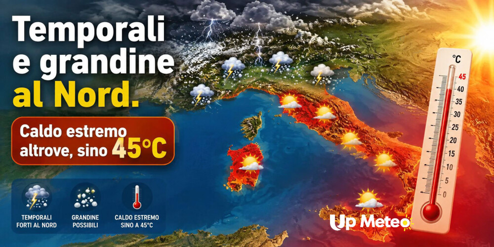 Dopo i rovesci sui rilievi, da lunedì un fronte temporalesco instabile interesserà il Nord, mentre da martedì il caldo aumenterà rapidamente al Centro Sud e sulle Isole maggiori, con punte prossime ai 45°C. Nuovi temporali sono poi attesi sulle regioni settentrionali.