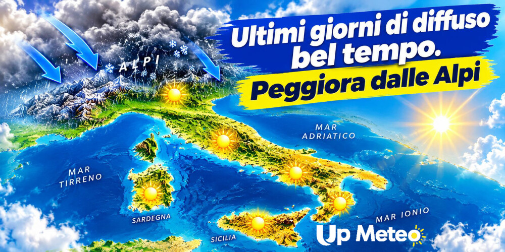 Tempo ancora stabile e in gran parte soleggiato sull'Italia, con qualche fenomeno pomeridiano isolato. Da venerdì il peggioramento coinvolgerà soprattutto le Alpi e potrebbe insistere fino all'inizio della prossima settimana.