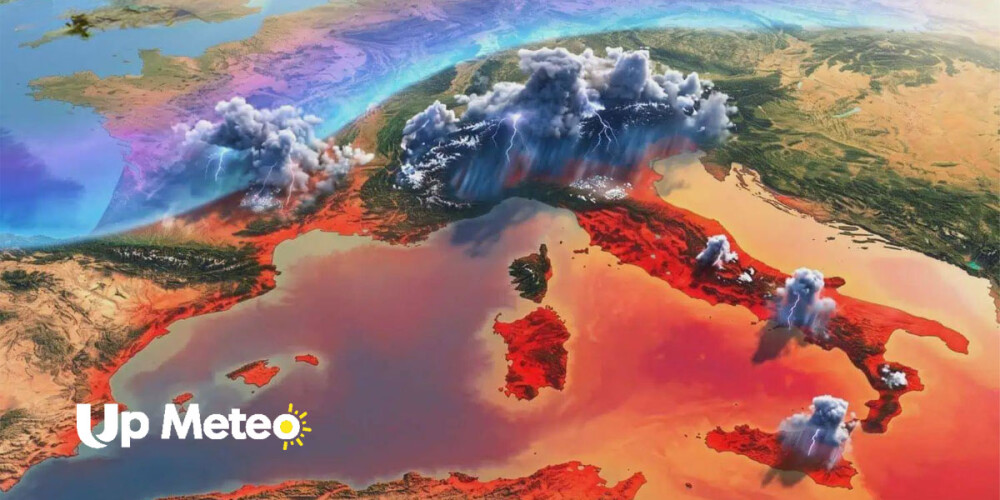 L'anticiclone non crolla ma inizia a perdere compattezza: infiltrazioni di aria più fresca in quota favoriscono temporali intensi, grandinate di grandi dimensioni e forti raffiche di vento, mentre il caldo resta ben sopra la media.