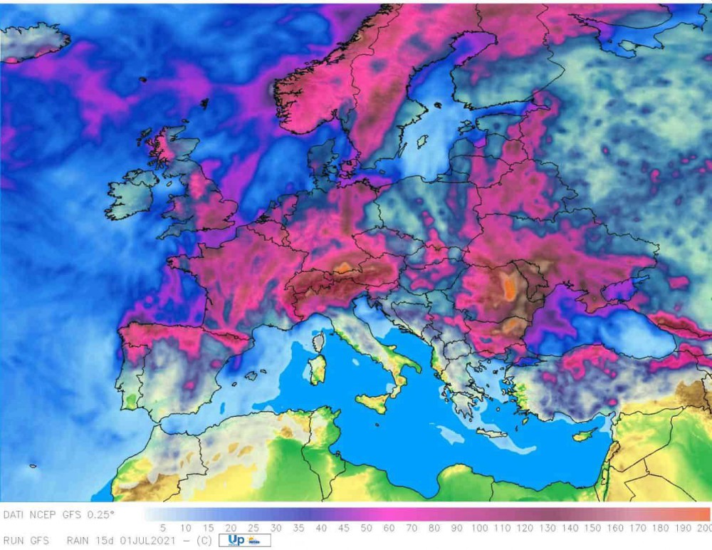 Piogge previsione nell'arco temporale di 15 giorni.