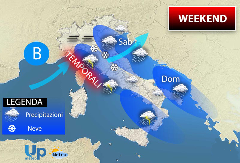 Weekend con perturbazione atlantica, tornano piogge e nevicate