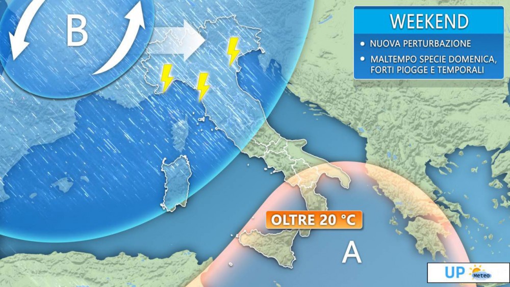 Weekend maltempo al Centronord. Asciutto e mite al Sud