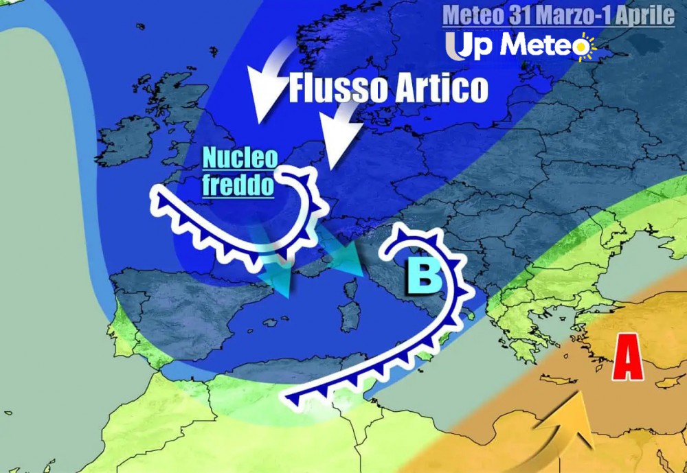 Evoluzione meteo a cavallo fra fine marzo ed inizio aprile, con Italia nel mirino di aria fredda e instabile