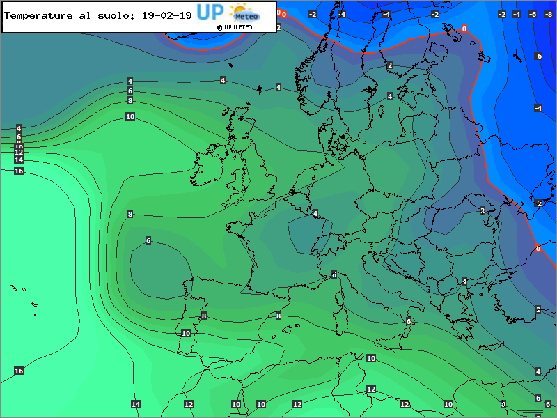 Questa mappa rappresenta le isoterme al suolo espressi in gradi Celsius con evidenza dello zero termico.